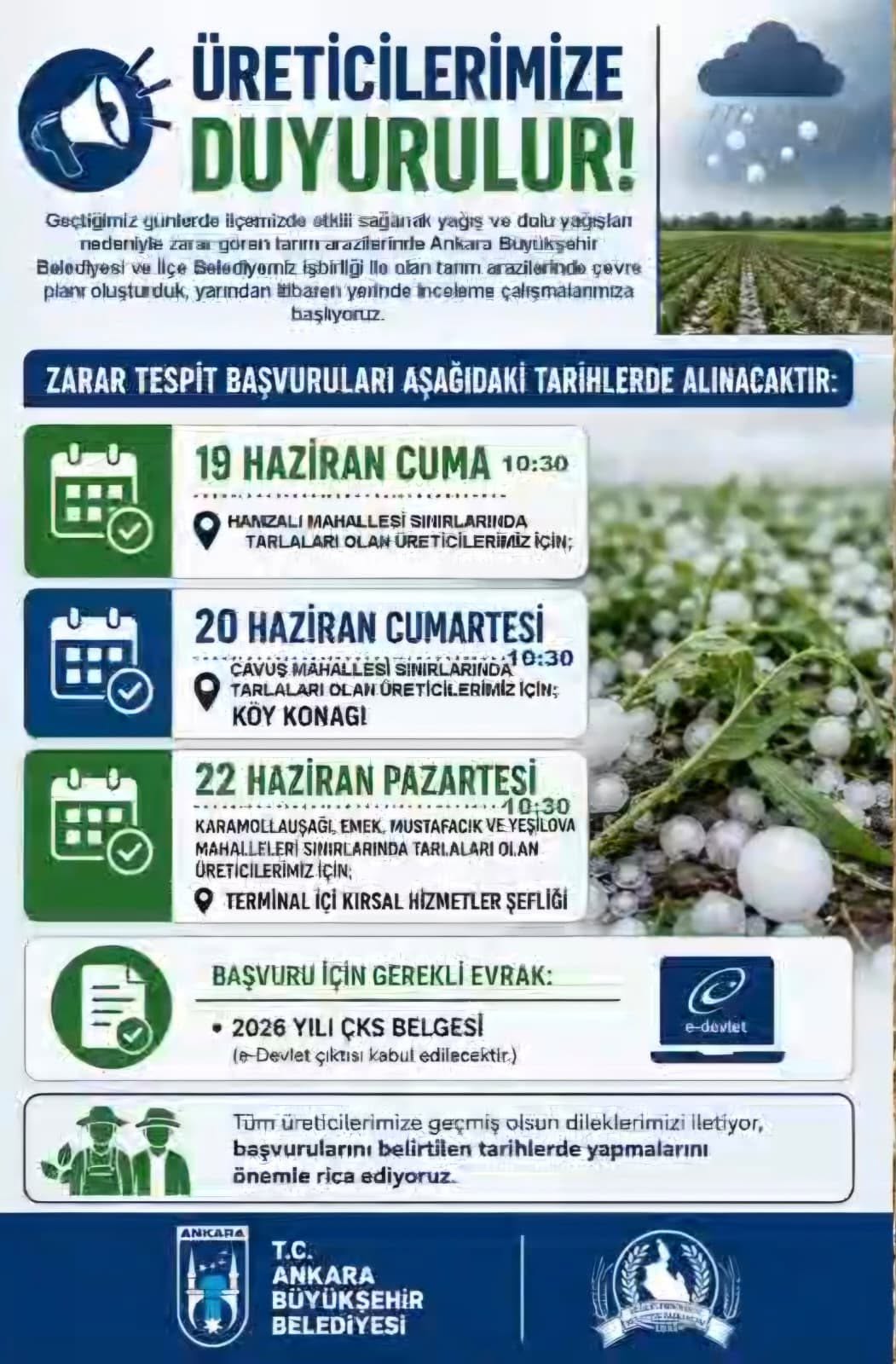 Sağanak ve Dolu Yağışı Zarar Tespit Başvuruları Duyurusu